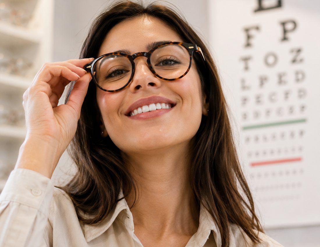 Woman smiling in designer eyeglasses beside an eye chart