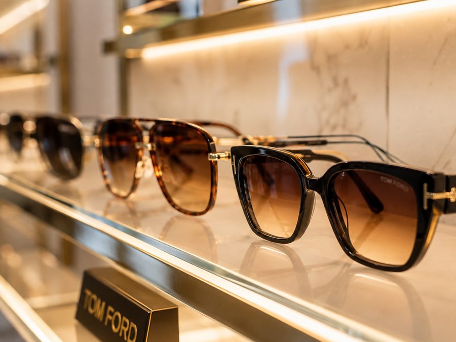 Tom Ford designer sunglasses on a display shelf