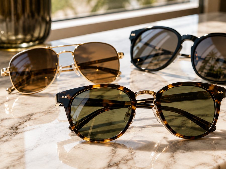 Designer sunglasses arranged on a marble surface