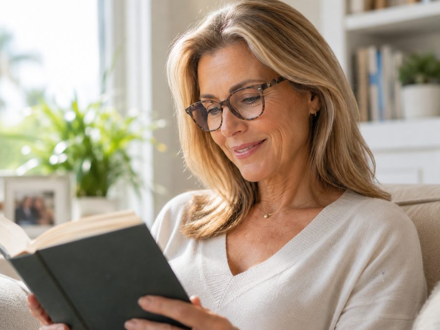 Woman reading comfortably in her eyeglasses